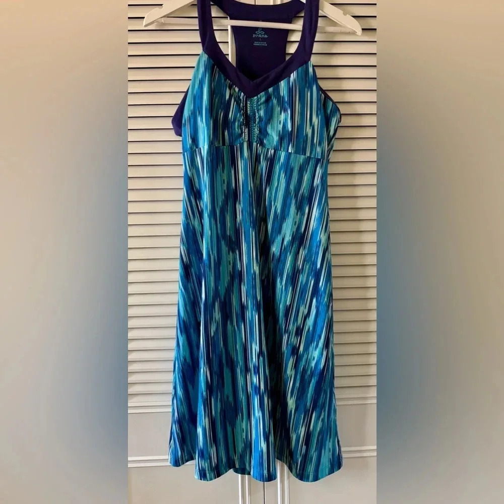 prAna Womens Blue Rainblur Shauna Sleeveless Midi Veeda Dress SZ L